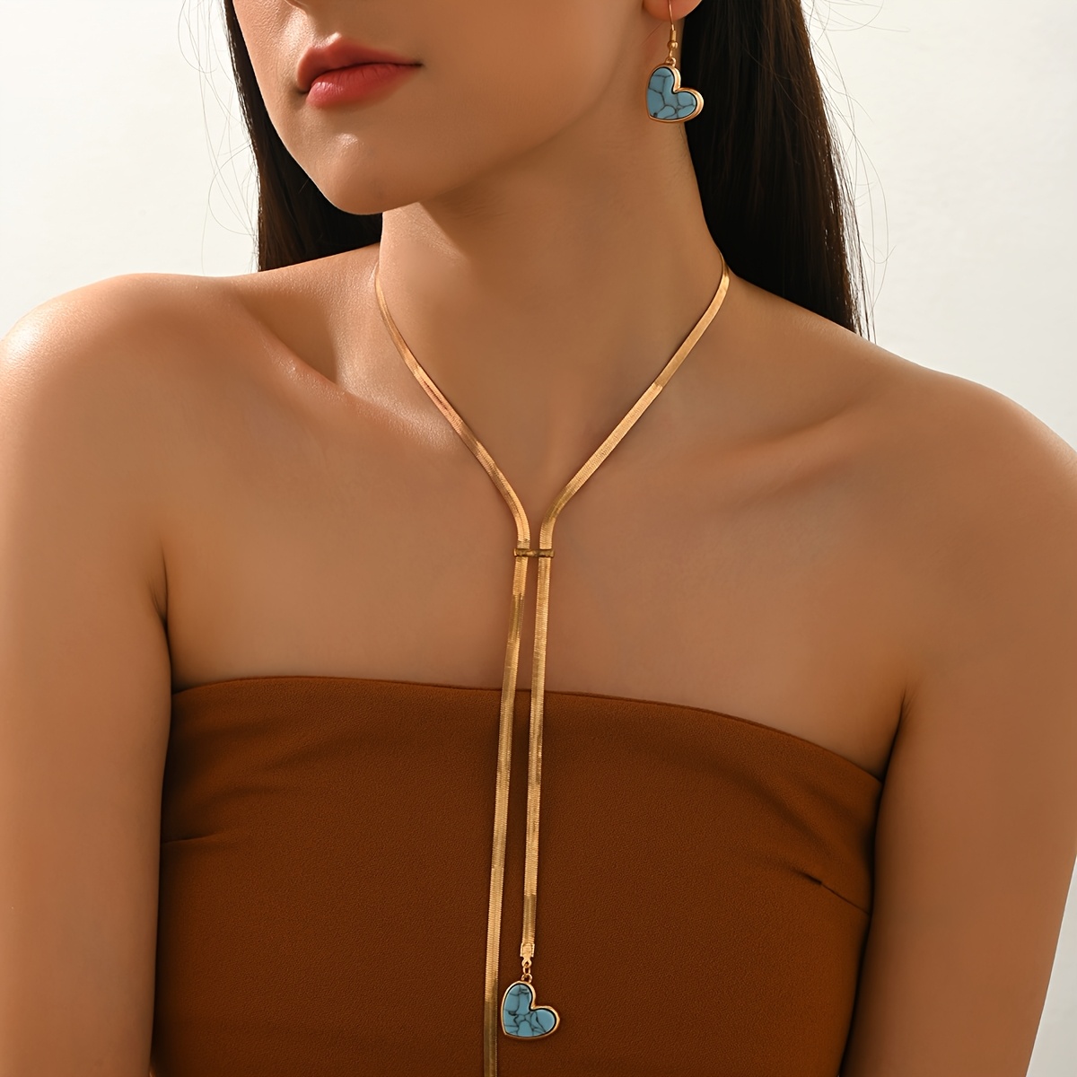 3pcs Blue Heart Imitation Turquoise Snake Bone Chain Set